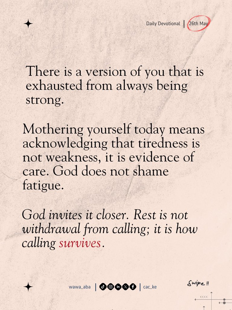 CAC_Ke's tweet photo. Tired from always being strong? 

Matthew 11:28 still says come and rest. 

Your exhaustion is not weakness, God meets it with rest, not shame.

#DailyDevotional #WomanistWisdom #ThrivingInTruth https://t.co/nhm1i5Fxlj