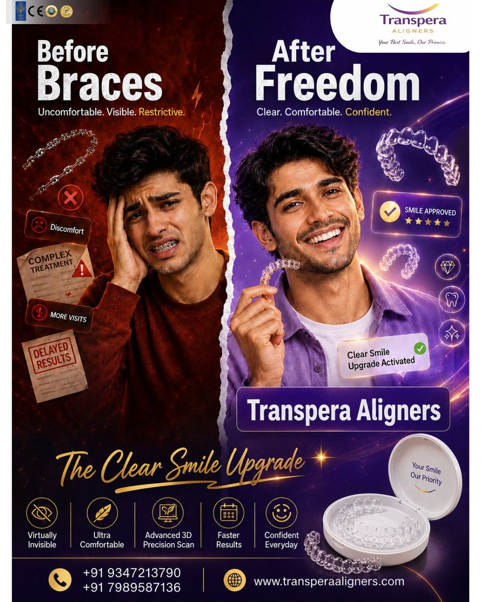 aligners44691's tweet photo. Switch to Transpera Aligners for a clear, comfortable &amp; confident smile upgrade!

✔ Virtually Invisible
✔ No Metal Wires
✔ Faster Results
✔ Comfortable FitYour best smile starts here 💜

📞 +91 9347213790
#TransperaAligners #ClearAligners #InvisibleBraces https://t.co/Uki7FFPlIE