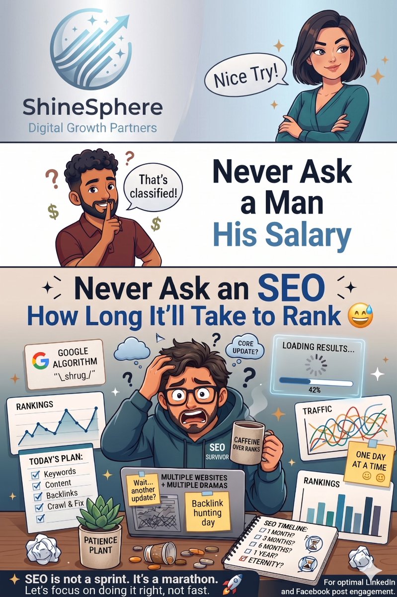 Shine4live's tweet photo. “Never ask an SEO how long it’ll take to rank”

Because the real answer is: it depends.

SEO takes patience, consistency, strategy, and time. No shortcuts just smart work and steady growth. 🚀

#SEO #DigitalMarketing #GoogleRanking #ShineSphere https://t.co/PbmkRGlukq