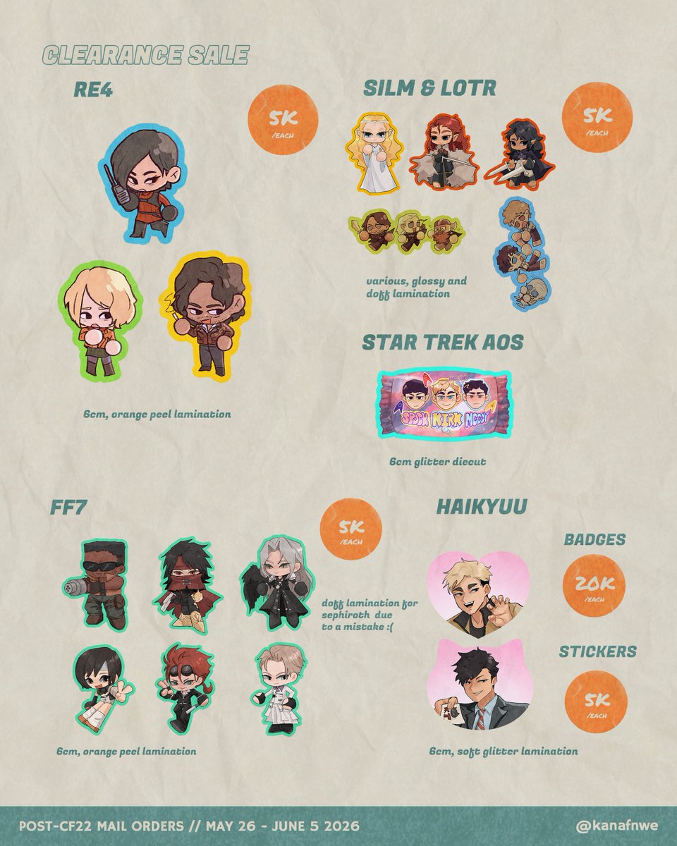 makaIaure's tweet photo. [shares appreciated!]

my post #cf22 mail orders are now open💞

📅 26 may - 5 june
💌local mail orders only
💝oc zine, ffxiv, ff7, mcr, dragon age inquisition &amp; the veilguard, haikyuu, re4, tolkien, movies
🔗https://t.co/hLOaLNokUC

#comifuro22 https://t.co/w4urZB6oWw
