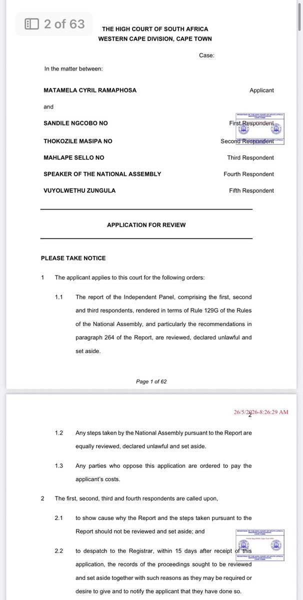 CannyMaphanga's tweet photo. JUST IN: Pres. Cyril Ramaphosa has filed papers in the WC High Court to review the S89 panel report into Phala Phala. From the papers, the Pres is not seeking an interim interdict, he is seeking a review of the report &amp; any steps taken by the NA pursuant to the report #SABCNews https://t.co/veRdIDwvwu