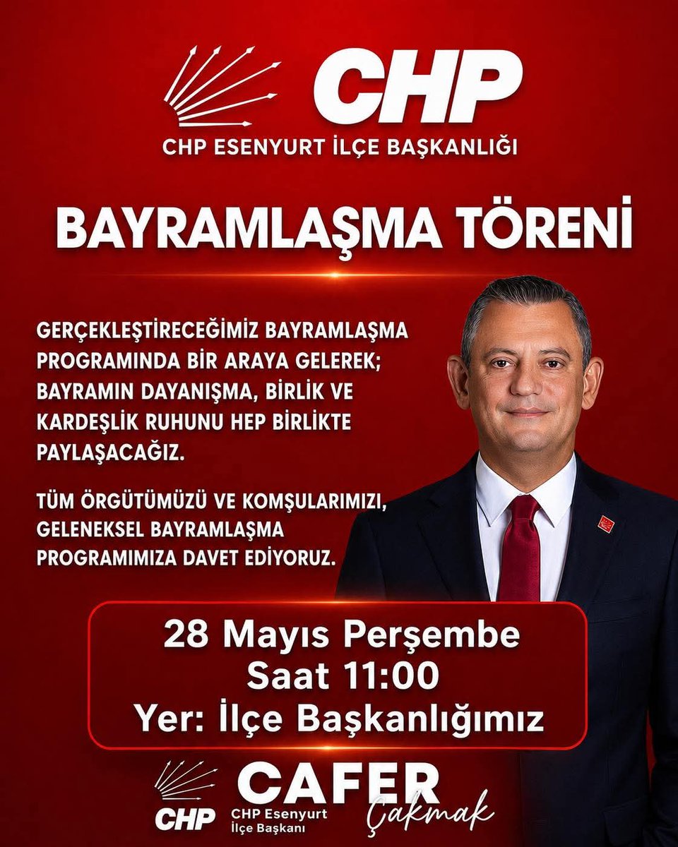 esenyurttilce's tweet photo. Tüm örgütümüzü ve komşularımızı, geleneksel bayramlaşma programımıza davet ediyoruz.

Bayramın 2. günü, 28 Mayıs Perşembe günü saat 11.00’de İlçe Başkanlığımızda gerçekleştireceğimiz bayramlaşma programında bir araya gelerek; bayramın dayanışma, https://t.co/RvJeqmFsqR