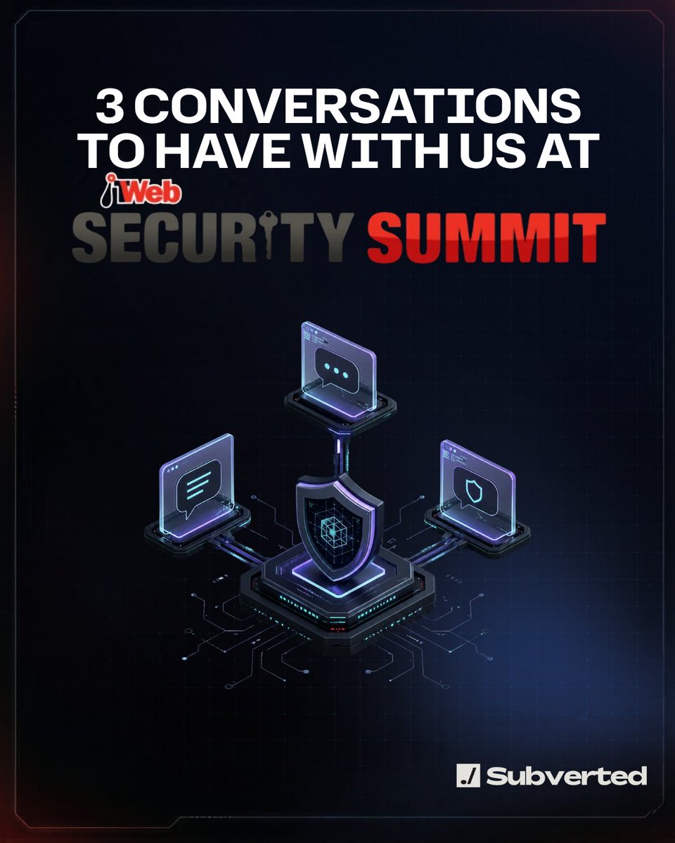 SubvertedSec's tweet photo. Cyber training needs better conversations.
Find us at ITWeb Security Summit.
2 & 3 June | Sandton Convention Centre, JHB.
#Subverted #ITWebSecuritySummit https://t.co/m1YnW8hdDk