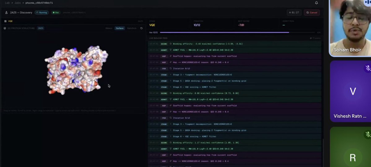 libp2p's tweet photo. 5/5 A real treat was Soham Bhoir one of libp2p's core maintainers across GossipSub and NAT traversal modules in py-libp2p.

The use case was drug discovery.

The demo showed libp2p used for:
- peer discovery
- capability advertisement
- distributed coordination
- GossipSub communication between quantum nodes
- IPFS is used for experiment data pinning and provenance.

The system ran docking simulations for protein-ligand interactions across distributed quantum peers, reducing processing time by roughly half.

Why this matters: Quantum compute is fragmented across providers.

libp2p + IPFS can create a coordination layer where compute resources, experiment outputs and provenance are composable across networks.

That’s the bigger unlock.