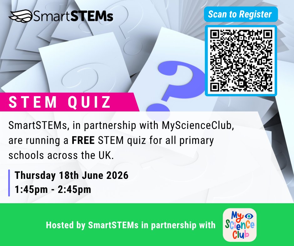 SmartSTEMs's tweet photo. We are excited to announce that we will be hosting a 𝗙𝗥𝗘𝗘 STEM quiz in partnership with @My_ScienceClub.

Register here for 𝗙𝗥𝗘𝗘: https://t.co/WTbfi9xUh0 or scan the QR code in the post below.

@Tree_Of 

#CollabIsKey #InspiringFuture https://t.co/q6dhcGh8hC