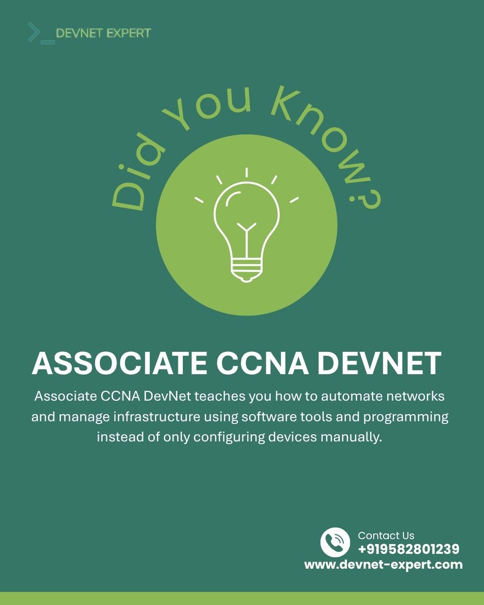 devnetexpert1's tweet photo. The Associate CCNA DevNet certification is changing the way networking professionals build and manage modern IT infrastructure. Instead of relying only on manual device configuration, DevNet introduces the power of automation, programmability, and software-driven networking. https://t.co/TeLjTDIO7r