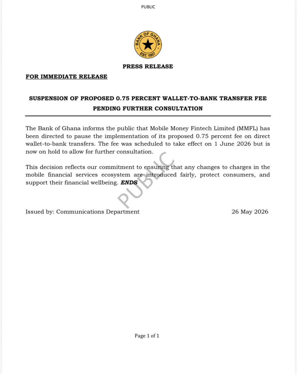 Tw_Democrat's tweet photo. Suspension of proposed 0.75 percent wallet to bank transfer fee pending further consultation https://t.co/1fPfVLoVwB
