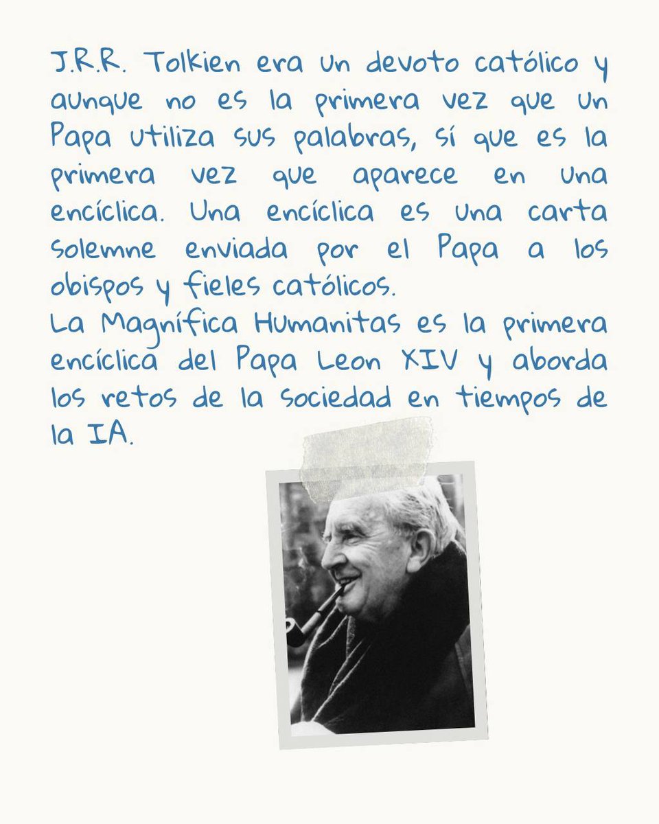 SocTolkien's tweet photo. El Papa León XIV ha citado a Tolkien en su encíclica: Magnífica Humanitas 

No es la primera vez que desde el Vaticano o la Iglesia se hace mención a Tolkien, ¿conocéis otros casos? ¿Qué pensáis del uso de la voz de El Profesor en un texto que aborda el uso de la IA? https://t.co/Q0M47pxhyp