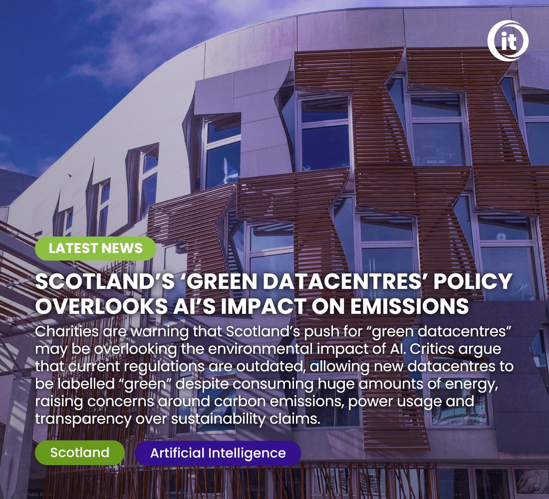 EdmondsonsIT's tweet photo. Scotland’s push for “green datacentres” is facing criticism, with charities warning that outdated regulations may be overlooking the impact of AI.

You can read the full story here: https://t.co/qoZ5yVispu

#News #TechNews #AI #ArtificialIntelligence #Datacentres #Scotland https://t.co/xBFG2om2mD
