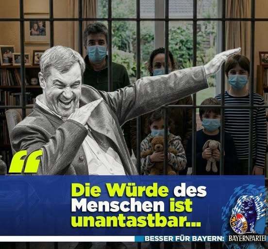 Bayernpartei's tweet photo. Heute feiert Markus Söder das Grundgesetz. Derselbe #Söder, dessen Regierung rechtswidrige Corona-Ausgangssperren verhängte. 
Wer #Grundrechte einschränkt und heute Freiheit predigt, hat Erklärungsbedarf. 
#Freiheit ist kein Gnadenakt des Staates!

#BesserFürBayern #Bayernpartei https://t.co/yrJYDJ670J