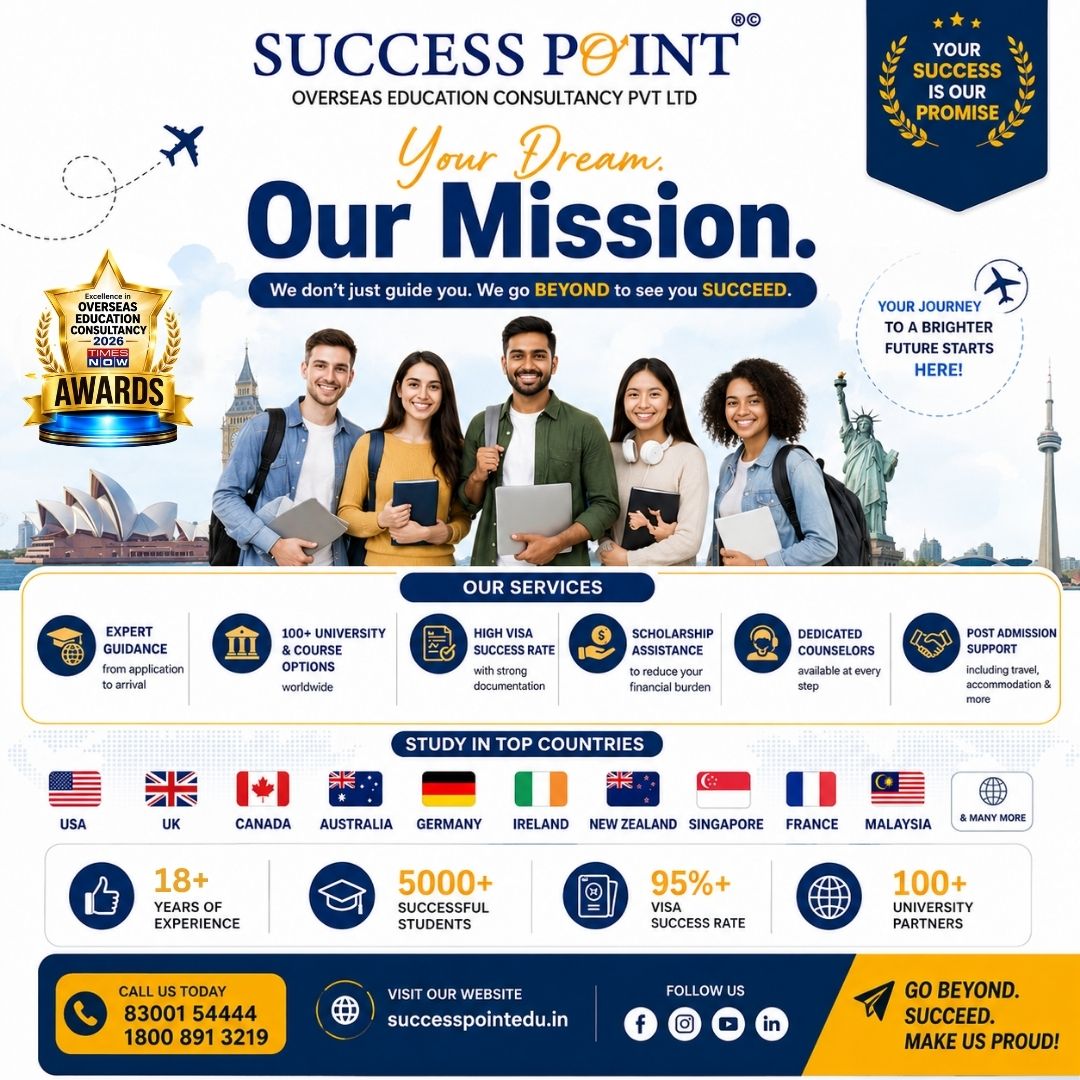 successpointedu's tweet photo. 🌍 Study Abroad with SUCCESS POINT 🎓
Admissions ✔️ Scholarships ✔️ Visa ✔️ Post-Arrival Support ✔️
🏆 Excellence in Overseas Education Consultancy
💙 5000+ successful students
📞 83001 54444
🌐 https://t.co/LUuCrQKycO
#StudyAbroad #SuccessPoint #StudentVisa #OverseasEducation https://t.co/2C5JY7GhcX