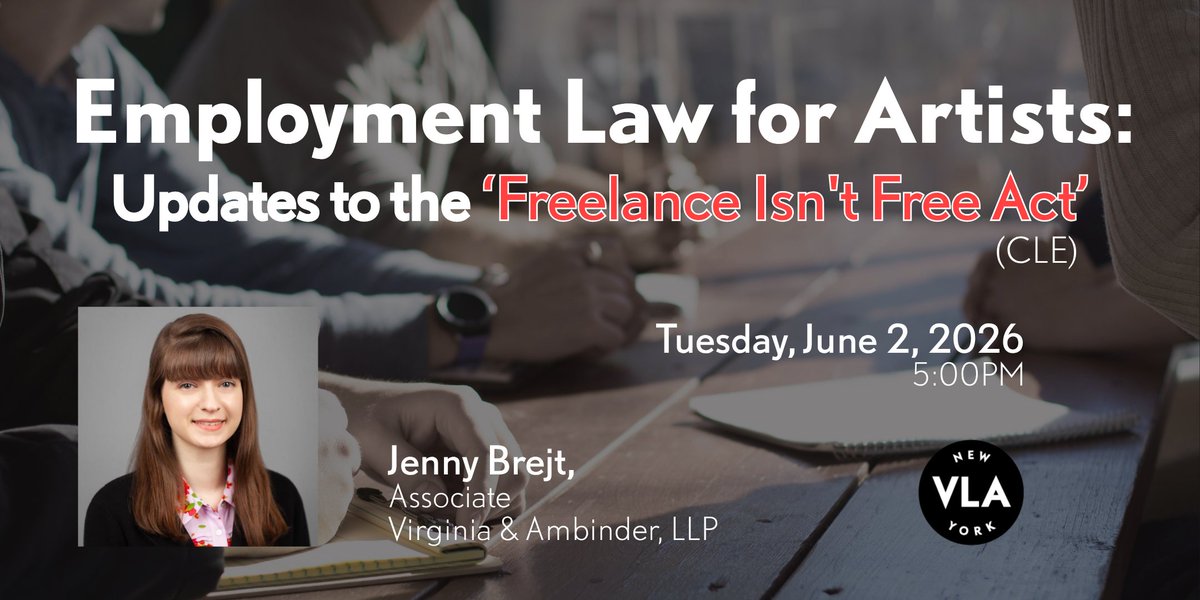 VLANY's tweet photo. Join NEXT TUESDAY at 5:00PM to hear from Jenny Brejt and learn about Employment Laws for Artists! https://t.co/Oz3wOQn1yS https://t.co/RMY20OrtVJ