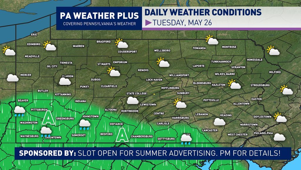PAWeatherPlus's tweet photo. Pennsylvania Weather Daily
☁️ Tuesday, May 26

Good morning, Pennsylvania, happy Tuesday! We have a milder day on tap across the region, but not everyone will remain dry throughout the day. High temperatures will climb into the mid-to-upper 70s for most locations, but a stationary front to the south will allow for periods of cloud cover and even some showers into southern Pennsylvania during the afternoon hours.

AREA A: Watching for some spotty showers or even a rumble of thunder, primarily during the mid-to-late afternoon. An isolated heavier downpour can cause localized ponding of water, but widespread flash flooding and/or severe weather is currently not expected.

Stay tuned for updates! #PAwx #Pennsylvania #Rain #May #Showers #Spring