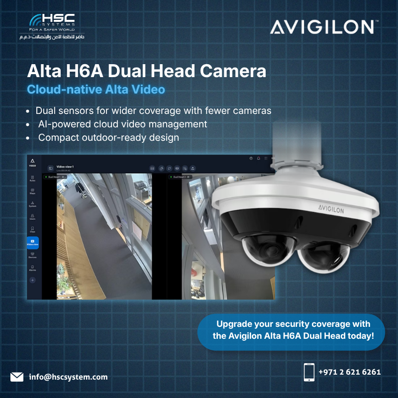 HSCSystem's tweet photo. Wider coverage, smarter AI, and fewer blind spots with the Avigilon Alta H6A Dual Head.

#HSCS 
#forasaferworld #uae #abudhabi #dubai #digitaltransformation
#MotorolaSolutions #Avigilon
#AltaH6ADualHead #VideoSecurity 
#CloudSecurity #AltaVideo 

#ملتزمون_ياوطن
#نتصدر_المشهد https://t.co/mmvN3erTuO