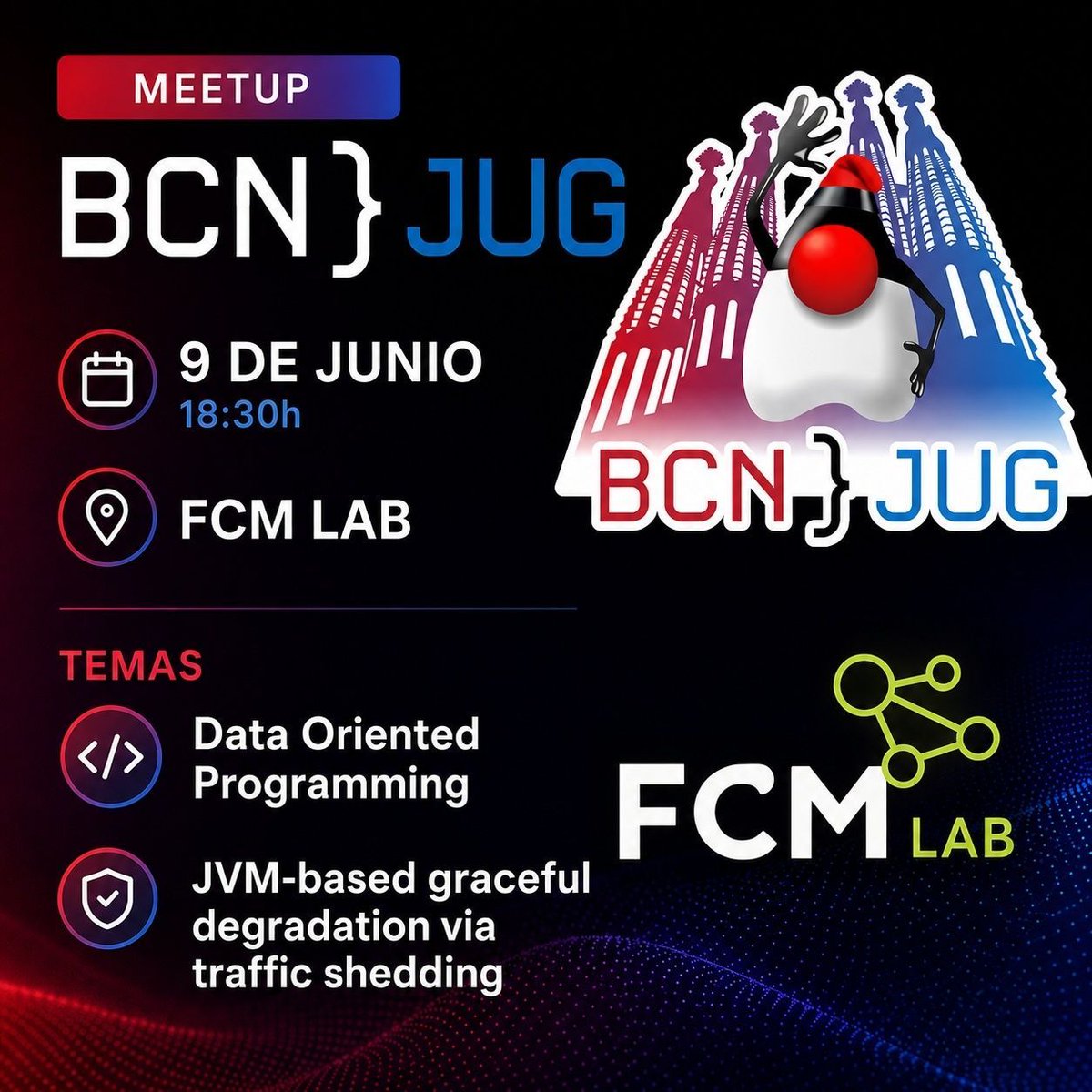 BarcelonaJUG's tweet photo. 2 weeks to go for the next BCN JUG meetup.

Topics:
🧠 Data Oriented Programming
⚙️ JVM graceful degradation via traffic shedding

📍 FCM LAB
🗓️ June 9
🕡 18:30

#Java #JVM #BCN https://t.co/WBVu96PwYw