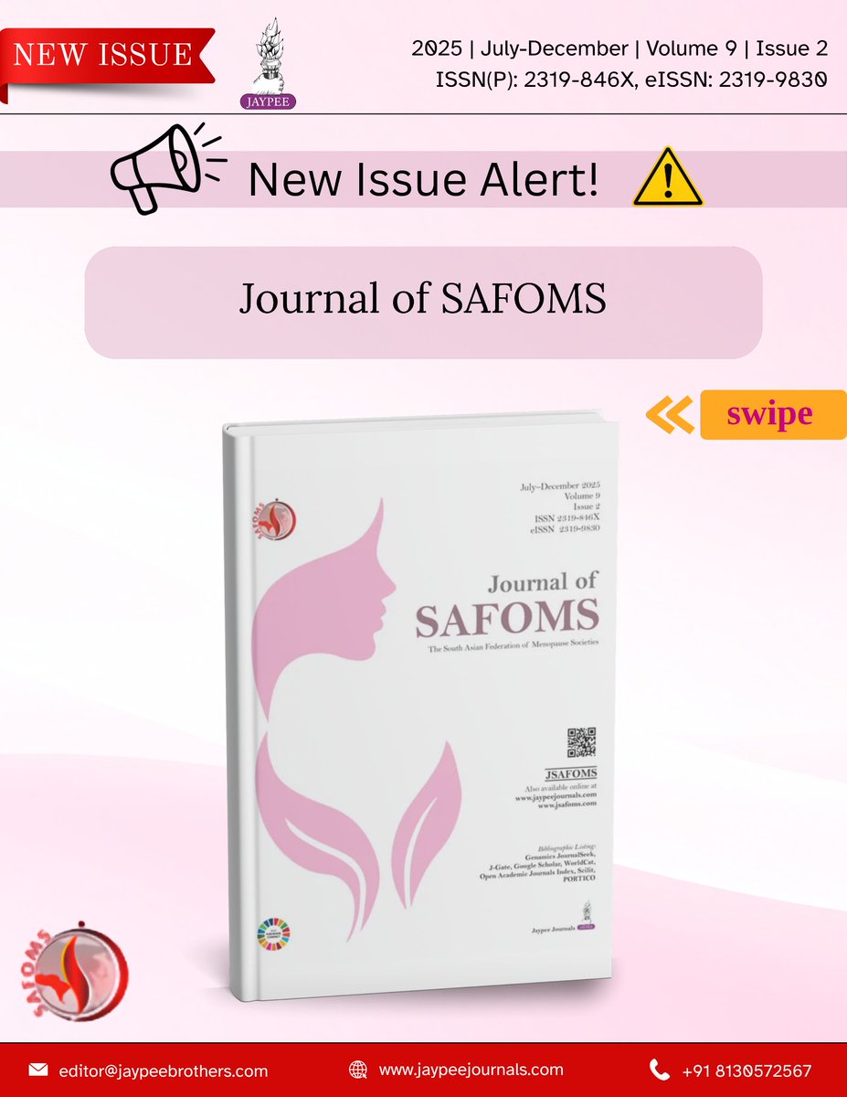 JaypeeJournals's tweet photo. This issue highlights personalized care in leiomyoma management, understanding empty nest syndrome as a life transition, and the role of MENOSOC in advancing menopause care.
To grasp the topics in detail: https://t.co/adC0L5OHMo https://t.co/2kDauBQHfa