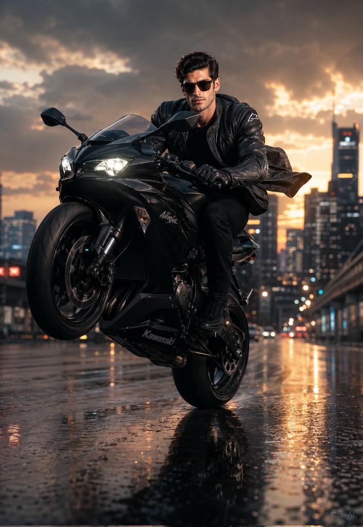 Ozayrr_irl's tweet photo. Wheelie at the sunset in the city 🔥

Image on ChatGPT by GPT image 2.

Prompt ⤵️

"Use the exact same face from the reference image. Generate a breathtaking, hyper-realistic portrait of an American white man with sharp jawline and defined facial features — a fearless, magnetic biker, helmetless, commanding absolute attention. He is executing a flawless wheelie on a matte-black Kawasaki Ninja, rear tire lifted with raw mechanical power, front wheel piercing the air. His posture is effortlessly dominant — spine straight, one hand gripping the handlebar with controlled aggression — as he locks eyes directly into the camera with a cold, unbothered, razor-sharp gaze. On his face sit designer sunglasses — dark lenses, sleek titanium frame — that don't just accessorize, they define him. His riding jacket catches the golden-hour wind, texture and stitching rendered in obsessive detail.
The shot feels like it was captured by a Hasselblad medium-format camera — tack-sharp on his face, with a cinematic shallow depth of field that melts the background into a breathtaking blur of neon city lights, dramatic storm clouds splitting with golden light, and wet asphalt reflecting the scene like a mirror. Every element — the chrome of the bike, the glint off his sunglasses, the motion blur of the spinning rear tire — is rendered with 8K photorealistic precision.
Subtle OzairAI watermark elegantly embedded in the lower corner. Vertical 9:13 format. Ultra photorealistic, 8K, no text overlays, cinematic color grading."