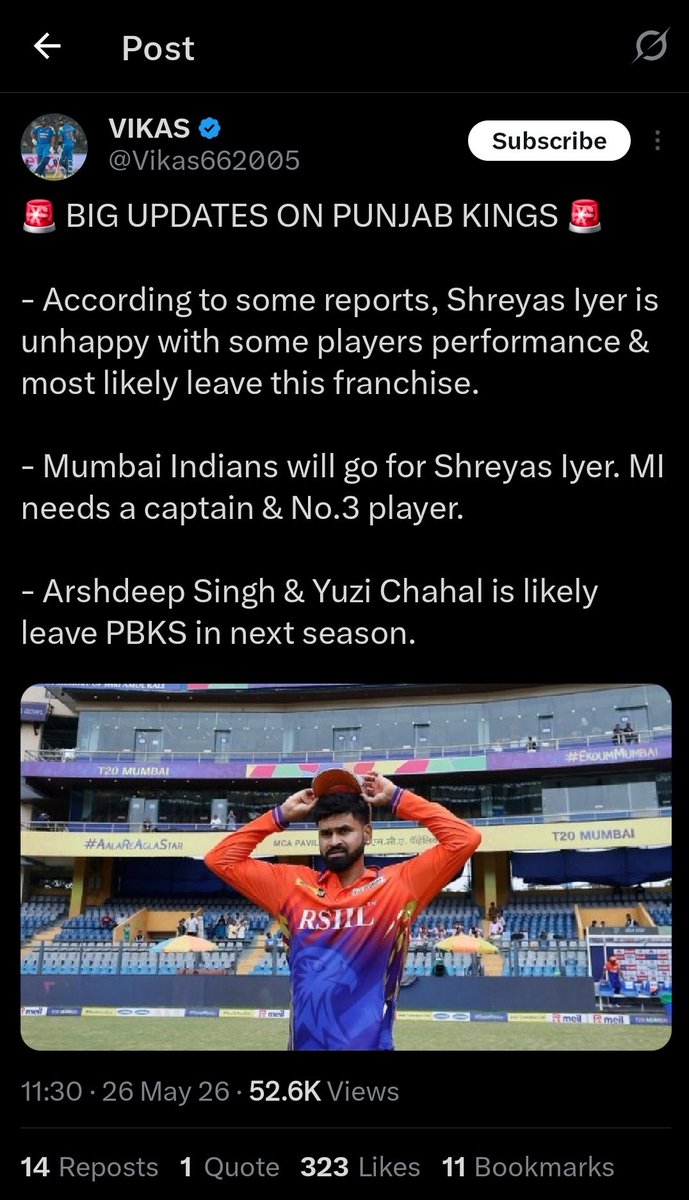Aarushijoshii's tweet photo. 🚨 FAKE NEWS 🚨 

- There are no such reports or no sources mentioned. 

- No PBKS player is unhappy with anyone.

- Shreyas Iyer will continue with Punjab Kings in the next IPL season too.

- Arshdeep & Yuzi chahal are also not going anywhere. 

Thank you for your attention to this matter.