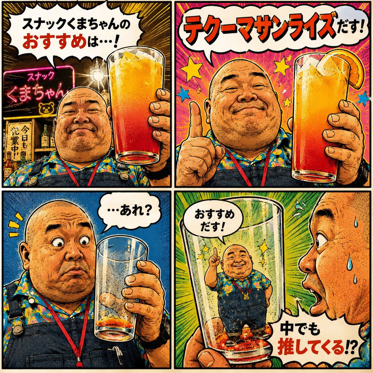 minatin3710's tweet photo. AIさんが作った４コマ漫画だす！🤗

『それゆけ！みなちん』とスナックくまちゃんのおすすめメニューだす！🐻 https://t.co/Jv35O0eKmd