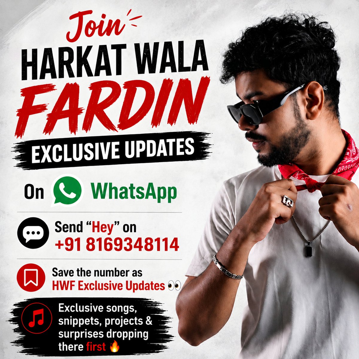 Hwf_c71's tweet photo. 🚨 Join HWF Official WhatsApp Updates 🚨

Send “Hey” on +91 81693 48114
Save it as HWF Exclusive Updates 👀
Exclusive songs, snippets, projects &amp; surprises dropping there first 🔥

#HarkatWalaFardin #Whatsapp #JoinNow https://t.co/JQThCX6y1I