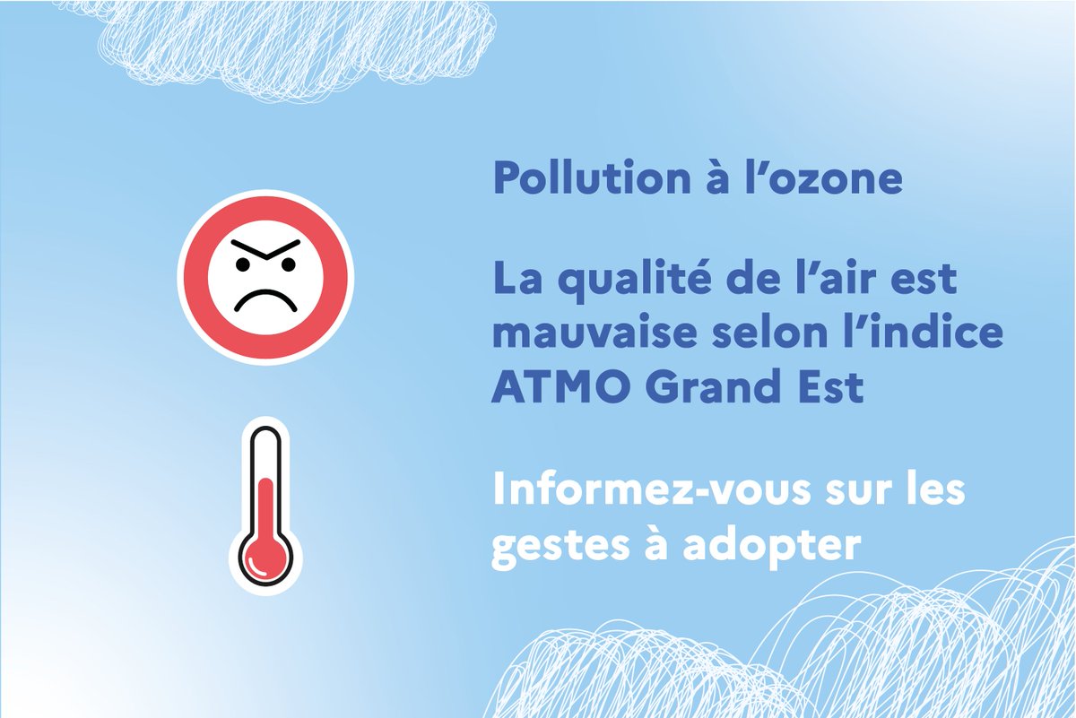 strasbourg's tweet photo. ❗️Pollution : ATMO Grand Est prévoit un indice de qualité de l’air mauvais en ozone pour aujourd'hui 26 mai et demain 27 mai 2026.

+ d'infos : https://t.co/sD1koKLra2 https://t.co/tzRcR1HHGg