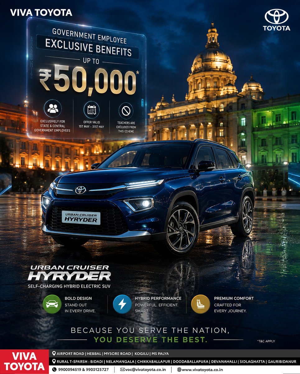 ToyotaViva's tweet photo. Because you serve the nation, you deserve nothing but the best. 
Drive home the powerful and efficient Toyota Urban Cruiser Hyryder with exclusive Government Employee Benefits up to ₹50,000*. https://t.co/eYrkdtmxp8