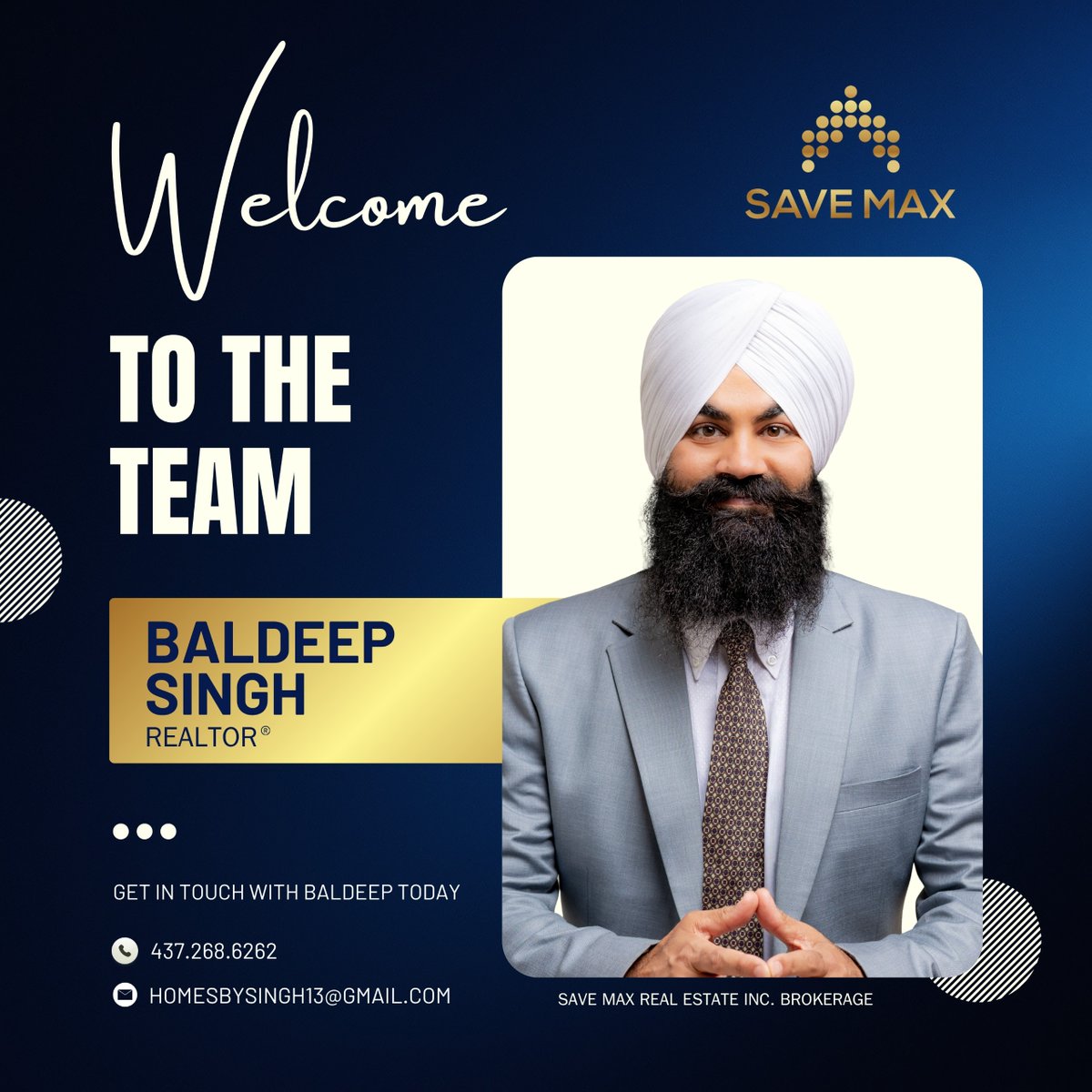SaveMaxRealty's tweet photo. We welcome Baldeep Singh, Realtor®, to the Save Max family.

Driven, professional, and committed to client success, Baldeep brings a strong work ethic and a people-first approach to every interaction. 
#savemax #welcome #risewithraman #RealEstate #SaveMaxFamily https://t.co/ZVqWFhrc33