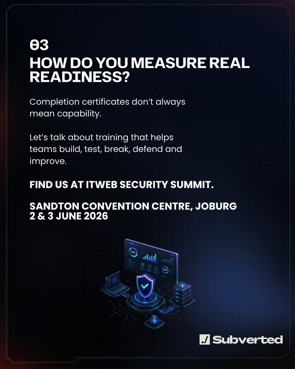 SubvertedSec's tweet photo. Cyber training needs better conversations.
Find us at ITWeb Security Summit.
2 & 3 June | Sandton Convention Centre, JHB.
#Subverted #ITWebSecuritySummit https://t.co/m1YnW8hdDk