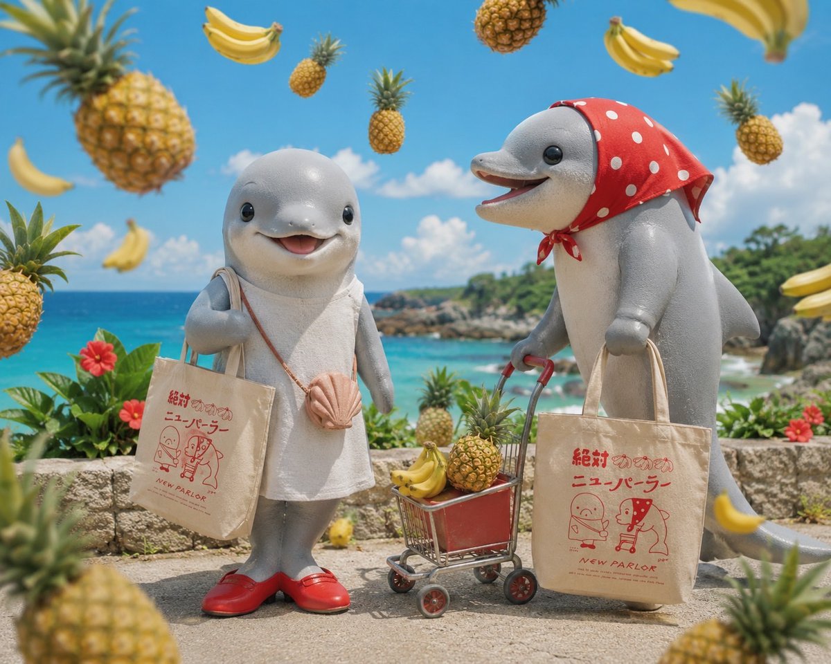 sigo_kun's tweet photo. 『絶対ニューパーラー』オリジナルトートバッグ（多田玲子さんデザイン）、オンラインストアで絶賛絶対発売中🐬
（1、2枚目はレイキンさんによるAIイメージ画像です🍍）
https://t.co/jokIVcyMlw https://t.co/dxajtAFfrE