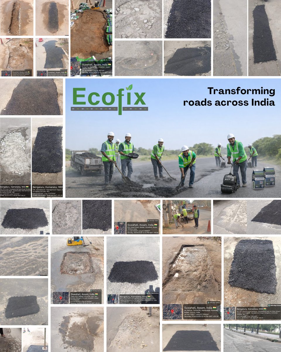 Ramukaglobal's tweet photo. Before: broken roads.
After: ready to drive.
Ecofix makes the difference.
#Ecofix #BeforeAfter #RoadRepair #FixInMinutes #Potholes @CSIRCRRI @CSIR_IND https://t.co/TREN7ASxmz