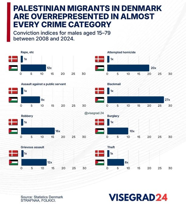 oresundsbaron's tweet photo. Hvis nogen kan give mig bare én god grund til at der skal være palæstinsere i Danmark, så får I her 8 grunde til hvorfor der ikke skal.

Palæstinensere begår:

- 12x oftere voldtægter
- 20x oftere drab
- 9x oftere vold mod offentligt ansatte
- 27x oftere afpresning
- 16x oftere røveri
- 10x oftere indbrud
- 12x oftere grov vold
- 8x oftere tyveri
