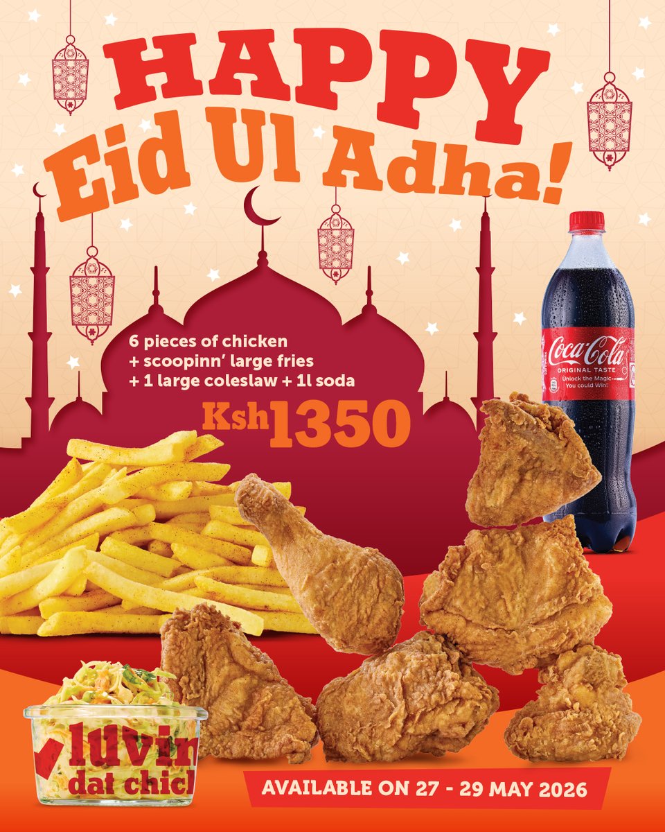 ChickenInn_Ke's tweet photo. Eid Mubarak! 🌙 Tumeleta deal ya kutosha kusherehekea Eid Ul Adha na familia na marafiki. Pata 6pcs Chicken, 1 Large Chips, 1 Large Coleslaw na 1 Litre Soda for Ksh, 1350 tu!

Deal inaanza 27th mpaka 29th May, Nationwide. Fika In-store ama order kupitia Chicken Inn App or any delivery app unadai.

#LuvDatChicken #EidUlAdha