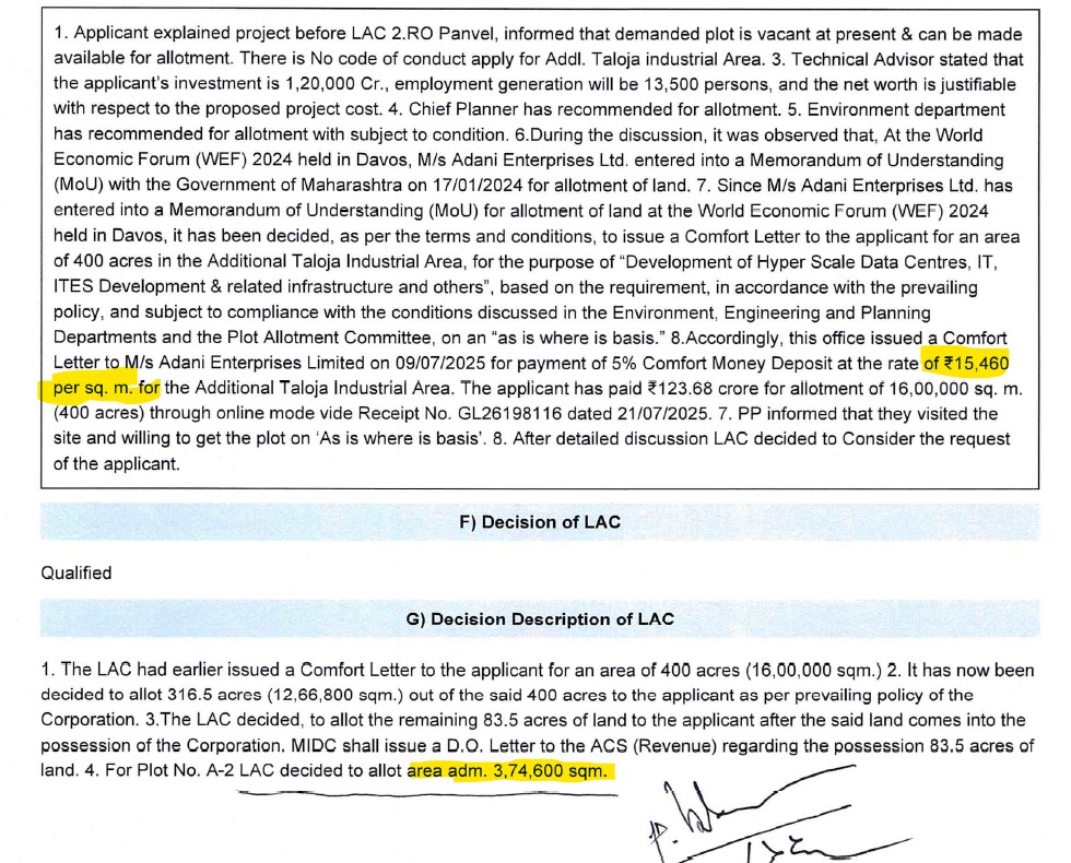 Truthexpress71's tweet photo. offer letter at Rs 15460 per sqm. But Adani, officers and ministers had smartly made deal and made offer letter of Rs 14009 per sqm.

Rs 183 crore was made loss to MIDC.
This is the way the system is working with CEO MIDC.
ALL ARE CORRUPT. NOTHING CAN BE DONE. https://t.co/t44QWjZqWL