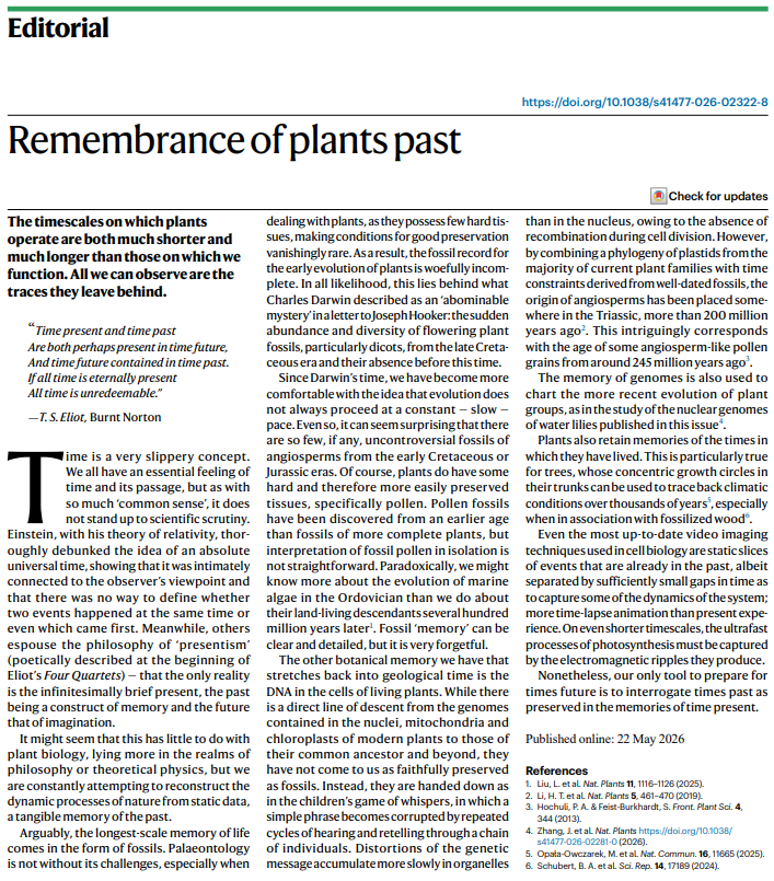 NaturePlants's tweet photo. New Editorial: "Remembrance of plants past" https://t.co/oXhXYTNEs5

The timescales on which plants operate are both much shorter and much longer than those on which we function. All we can observe are the traces they leave behind. https://t.co/V4cxVcNUa6