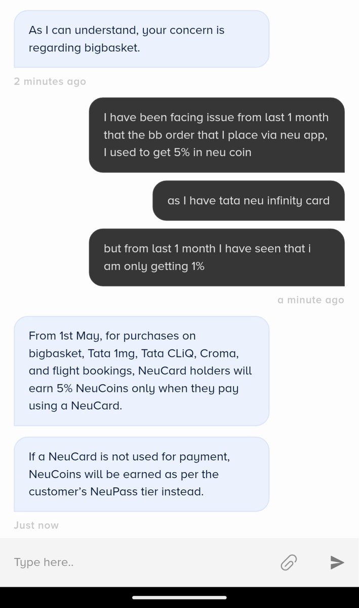 dua_rohit_'s tweet photo. Silent Devaluation:

Earlier just holding Tata Neu card was giving 5% Neu coins on BB orders placed via Neu app even when paying through BB Wallet. 
But from May 1, rewards were cut to 1% unless payment is made via card itself or you are on Legend tier. #TataNeu #Devaluation https://t.co/OKxhDtfID8