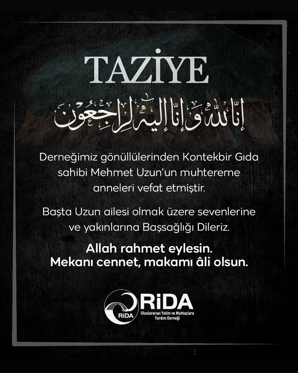 ridaderkonya's tweet photo. Derneğimizin gönüllülerinden Mehmet UZUN'un muhtereme anneleri Şerife Uzun'un vefatını üzülerek öğrenmiş bulunmaktayız.Şerife teyzemize Allah'tan rahmet UZUN ailesi başta olmak üzere,tüm sevenlerine başsağlığı dileriz. https://t.co/xC7ndkclL2