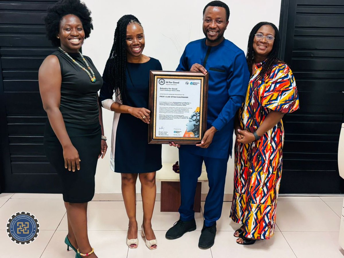 ug_engineering's tweet photo. The Dean, Ing Prof. Elsie Effah Kaufmann, received a Citation of Honour from The MakersPlace in recognition of her role as Guest of Honour at the Robotics for Good Youth Challenge Ghana 2026.
The delegation was led by Founder and CEO Mr. Douglas Ayitey.
#UGEngineering https://t.co/JrurgwsTDu