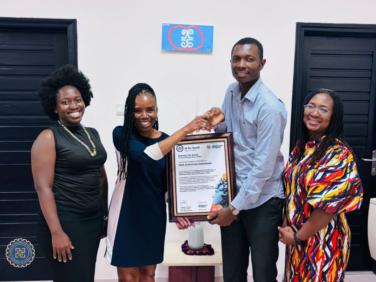 ug_engineering's tweet photo. The Dean, Ing Prof. Elsie Effah Kaufmann, received a Citation of Honour from The MakersPlace in recognition of her role as Guest of Honour at the Robotics for Good Youth Challenge Ghana 2026.
The delegation was led by Founder and CEO Mr. Douglas Ayitey.
#UGEngineering https://t.co/JrurgwsTDu