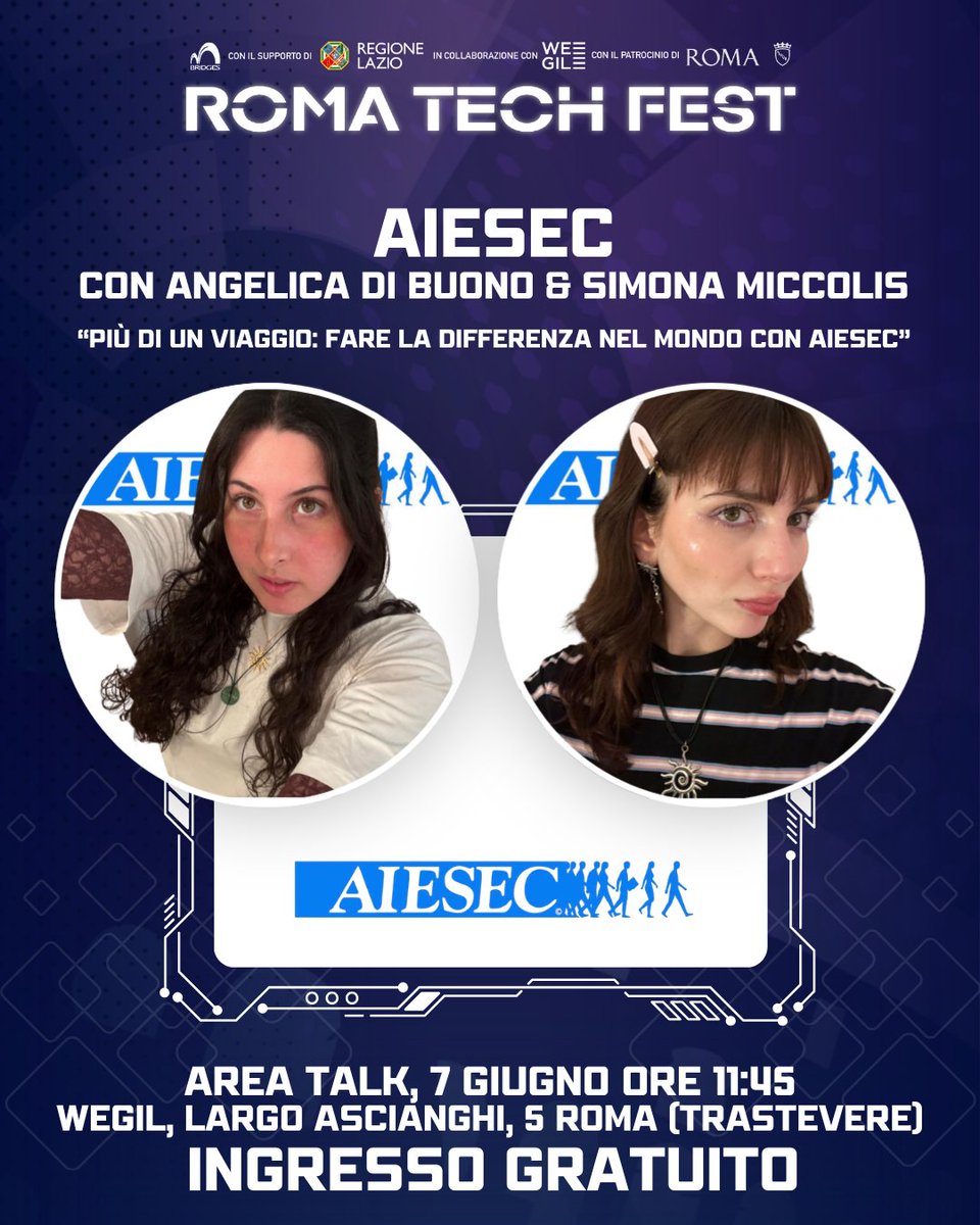 romatechfest's tweet photo. ANNUNCIO TALKS: 
AIESEC - CON ANGELICA DI BUONO &amp; SIMONA MICCOLIS “PIÙ DI UN VIAGGIO: FARE LA DIFFERENZA NEL MONDO CON AIESEC” 

CAPITAL VENTURE CONSULTING SRL
CON CESARE SPANÓ
“I FONDI PUBBLICI A SOSTEGNO DELL’INNOVAZIONE”
1/3 https://t.co/92Ls0TWeML