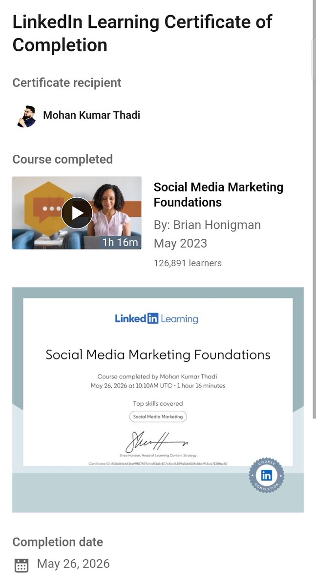 MohanThadi's tweet photo. 🎓 Certified in Social Media Marketing Foundations — LinkedIn Learning! ✅ May 26, 2026.
Learning never stops. An author, a leader, a student for life. 💪📖
#LinkedInLearning #Certified #SocialMediaMarketing #MohanKumarThadi #MyPainIsMyWife #Janasena https://t.co/tXJduPitLQ