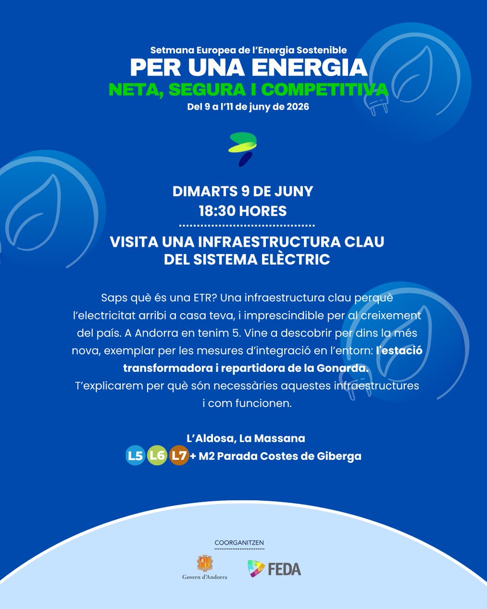accioclima's tweet photo. ⚡ Del 9 a l’11 de juny arriba la Setmana Europea de l’Energia Sostenible a Andorra.

El programa inclou visites guiades a infraestructures energètiques del país, una conferència sobre bones pràctiques d’acció climàtica, una taula rodona sobre transició energètica i un taller participatiu centrat en els impactes del canvi climàtic sobre el sector energètic.

@FEDA_Andorra @And_Sostenible