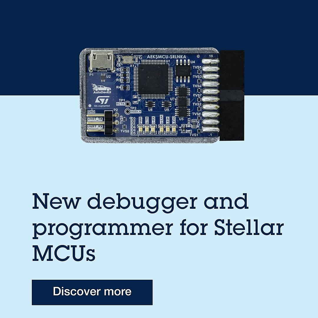 ST_World's tweet photo. New debugger and programmer for Stellar #MCUs⚙️

Fast track prototyping with a compact, cost-effective debugger/programmer. Start now➡️https://t.co/6qUifPG9Wr

#Automotive https://t.co/09e7iPbjK6