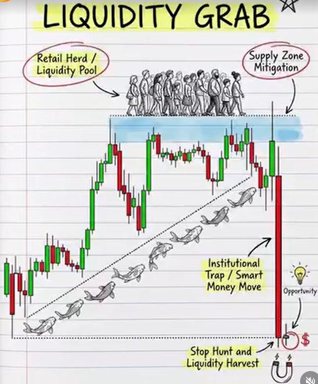 Realfinancial2's tweet photo. LIQUIDITY GRAB – SMART MONEY TRAP

✓ Retail Herd / Liquidity Pool.
 Visible stops above/below supply

✓ Supply Zone Mitigation.
Price sweeps the zone to hunt orders

✓ Institutional Trap / Smart Money Move.
 Fake breakout before reversal

✓ Opportunity.
Enter after grab, in opposite direction

✓ Stop Hunt & Liquidity Harvest.
Final stage of manipulation

✍️Mark the last liquidity grab on your chart. Wait for return to order block.