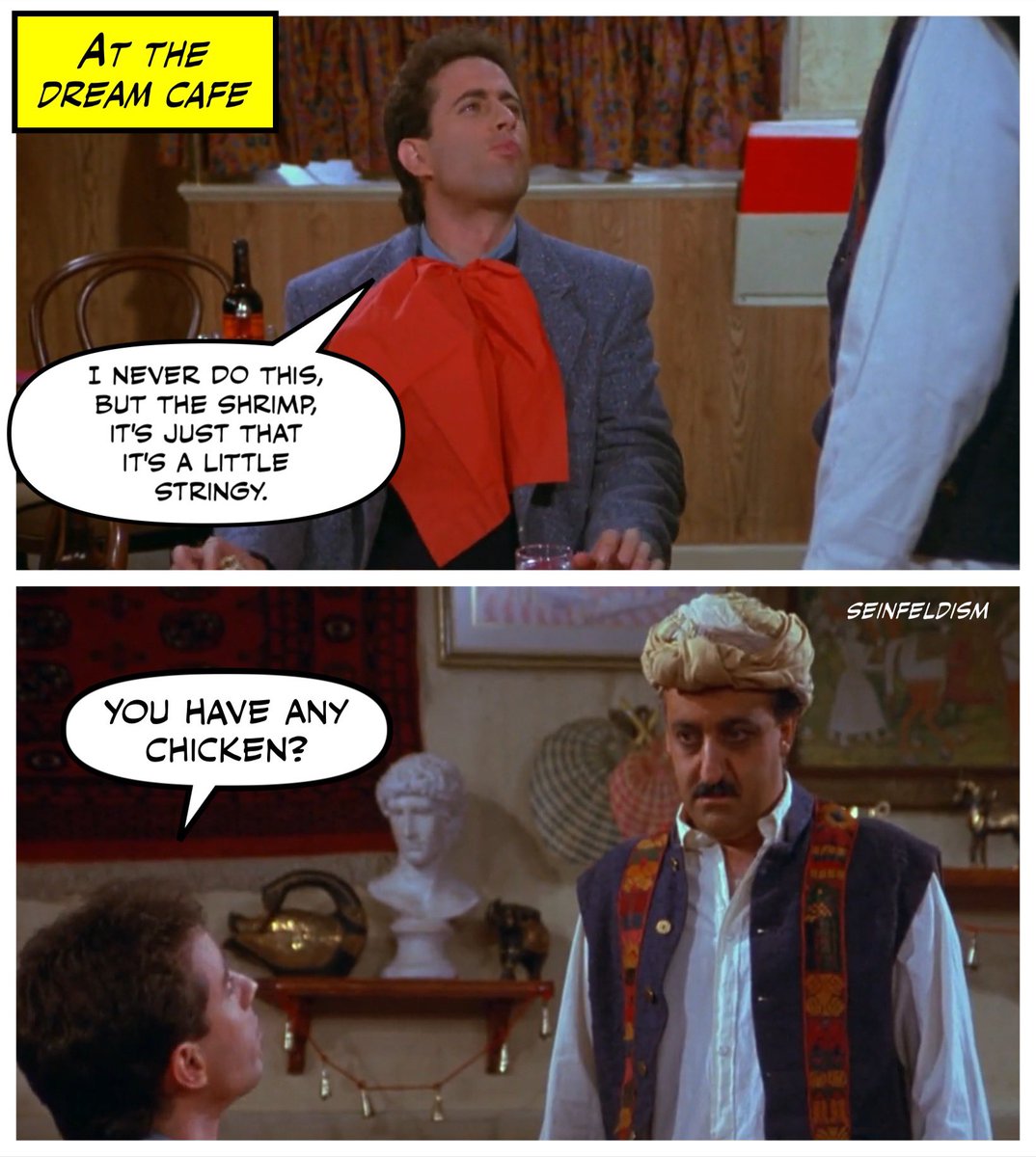Seinfeldism1's tweet photo. I never do this, but the shrimp, it's just that it's a little stringy. You have any chicken? #Seinfeld #TheCafe #Babu https://t.co/4Fr08h4LbU