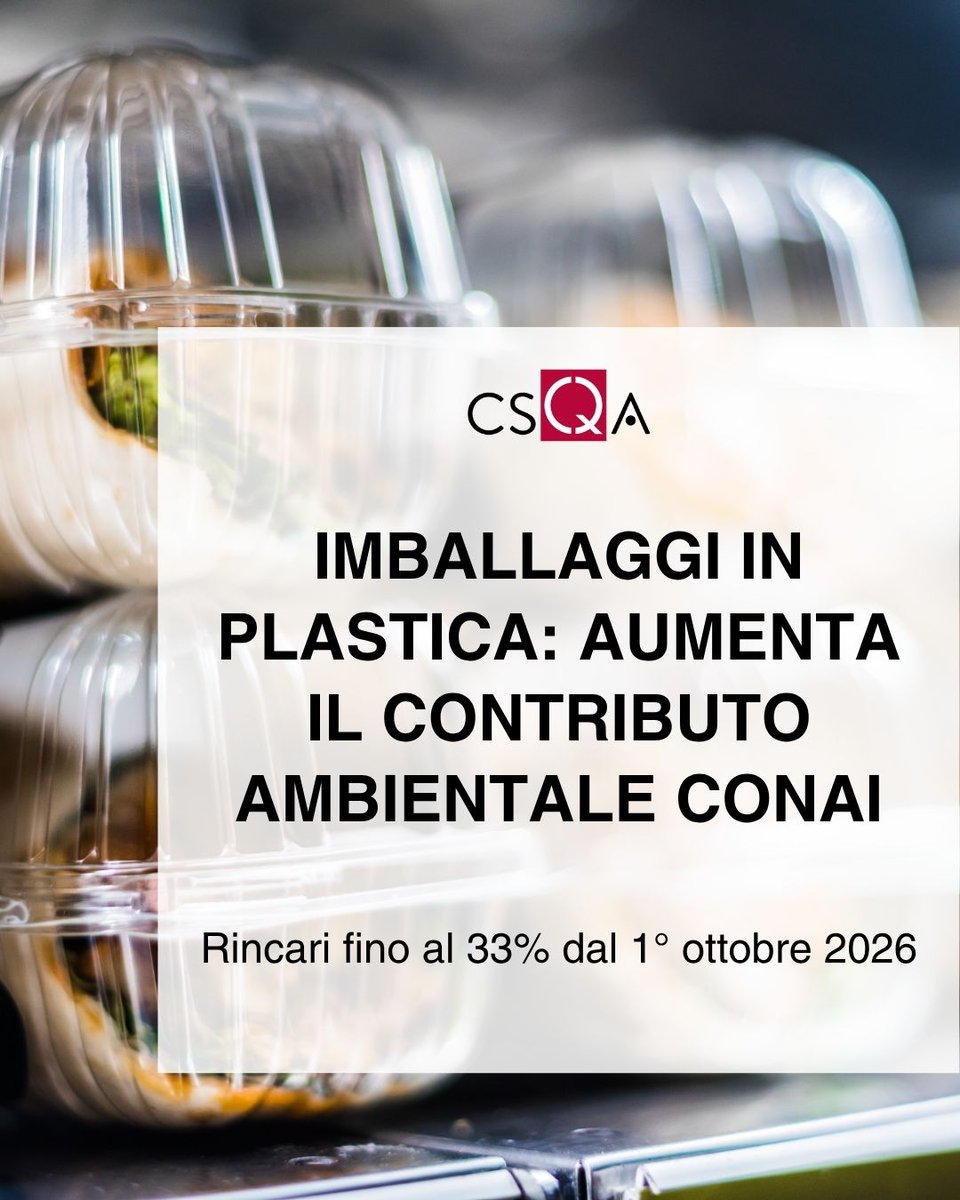 CSQACert's tweet photo. #Imballaggi in plastica, aumenta il contributo ambientale #CONAI: rincari fino al 33% dal 1° ottobre 2026

▶️https://t.co/R4zdOWm5zn◀️

Il costo del #packaging plastico diventerà una voce ancora più strategica da monitorare

#Sostenibilità #plastica #ContributoAmbientaleCONAI https://t.co/a3k8kIaVBa