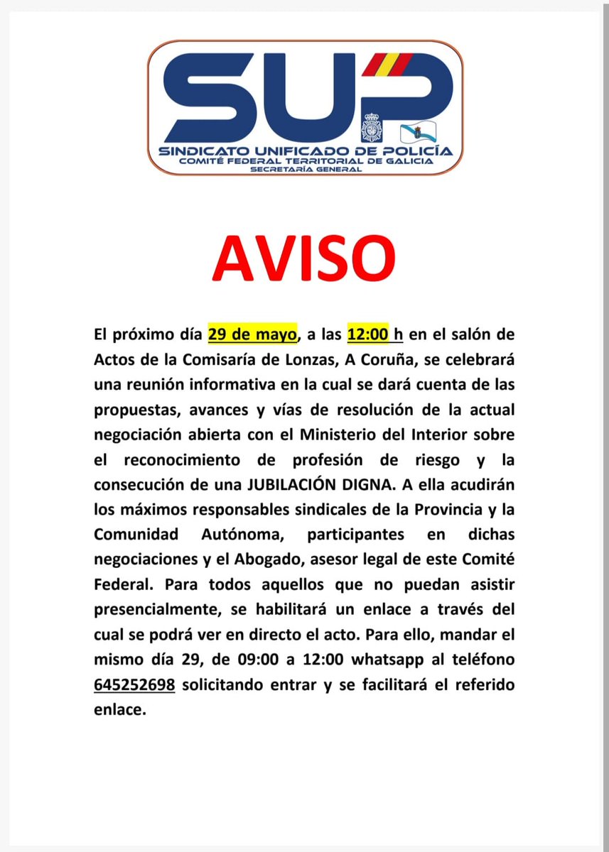 supcoruna's tweet photo. 29-05-26 a las 12:00 h en salón de Actos de la Comisaría de Lonzas, A Coruña, se celebrará reunión informativa sobre la actual negociación con Ministerio del Interior sobre el reconocimiento de profesión de riesgo y la consecución de una JUBILACIÓN DIGNA https://t.co/cMX1PezuE5