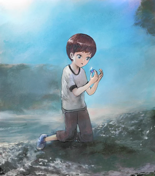 何かを見つけた少年
