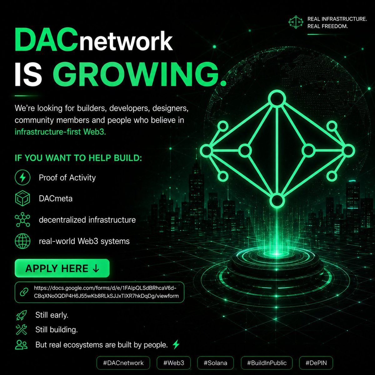 DACLabs's tweet photo. DACnetwork is growing.

We’re looking for builders, developers, designers, community members and people who believe in infrastructure-first Web3.

If you want to help build:
• Proof of Activity
• DACmeta
• decentralized infrastructure
• real-world Web3 systems

Apply here ↓
https://t.co/STEOhdyaNB

Still early.
Still building.
But real ecosystems are built by people. ⚡

#DACnetwork #Web3 #Solana #BuildInPublic #DePIN