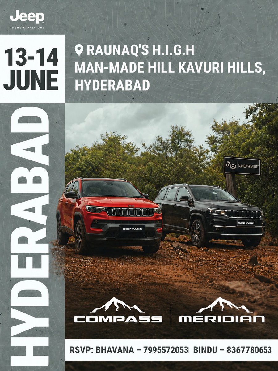 PrideJeep's tweet photo. Hyderabad, are you ready for the ultimate off-road experience?
📍 Raunaq's H.I.G.H Man-Made Hill
Kavuri Hills Phase 1, Jubilee Hills
Hyderabad, Telangana – 500033
📅 13th &amp; 14th June
📍 Location Map:
Google Maps Location
https://t.co/Q4oE5iw7Sf https://t.co/ZPR2lf2XNa