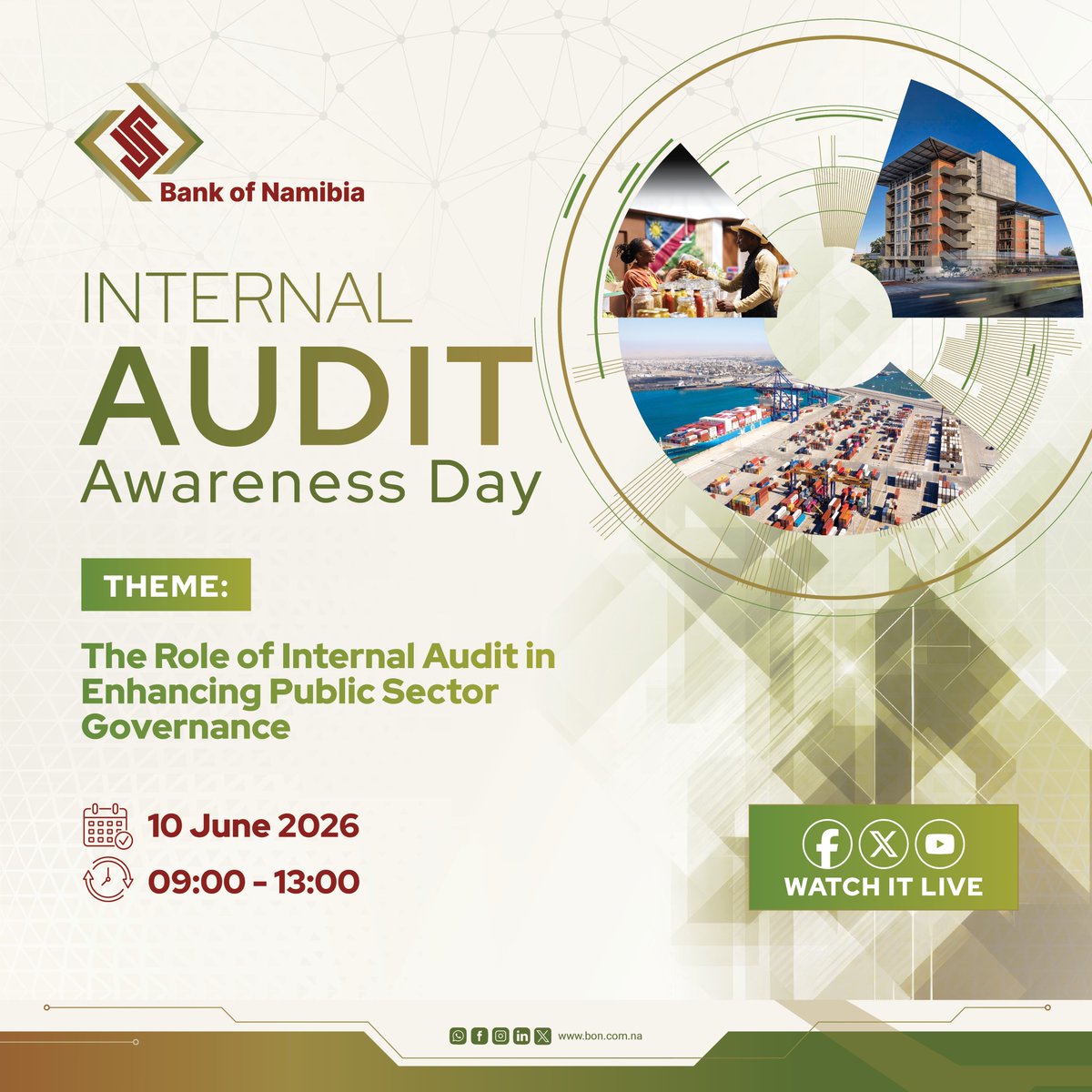 BankofNamibia's tweet photo. How can internal audit help public institutions make better decisions and deliver greater impact?

Join the Bank of Namibia for Internal Audit Awareness Day under the theme: “The Role of Internal Audit in Enhancing Public Sector Governance.” The session will explore how internal audit supports accountability, strengthens decision-making and helps build more effective public institutions.

Date: Wednesday, 10 June 2026
Time: 09:00 – 13:00
Watch live: Bank of Namibia Facebook, YouTube and X

#InternalAudit